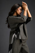 Load image into Gallery viewer, Relaxed Warm Grey Co-ord With Loose-fit Dramatic-sleeve Shirt And Wide-leg Pants With Metallic Side Panels.
