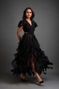 Load image into Gallery viewer, Fitted V-neck Top With Ruffled Sleeves And Sheer Cutwork Skirt