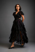 Load image into Gallery viewer, Fitted V-neck Top With Ruffled Sleeves And Sheer Cutwork Skirt