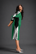 Load image into Gallery viewer, Statement Colourblock Midi Dress In Parrot Green With Contrast Metallic Silver Side Panels And Balloon Sleeves