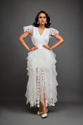 Load image into Gallery viewer, Fitted V-neck Top With Ruffled Sleeves And Sheer Cutwork Skirt