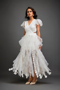 Load image into Gallery viewer, Fitted V-neck Top With Ruffled Sleeves And Sheer Cutwork Skirt
