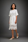 Load image into Gallery viewer, Dress With Belted Waist And Metallic Geometric Hemline