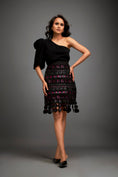 Load image into Gallery viewer, Asymmetrical Top With Puff Sleeve With Metallic Pink Geometric Skirt