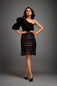 Load image into Gallery viewer, Asymmetrical Top With Puff Sleeve With Metallic Pink Geometric Skirt