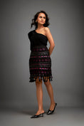 Load image into Gallery viewer, Asymmetrical Top With Puff Sleeve With Metallic Pink Geometric Skirt
