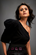 Load image into Gallery viewer, Asymmetrical Top With Puff Sleeve With Metallic Pink Geometric Skirt