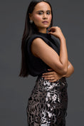 Load image into Gallery viewer, Black Sleeveless Top and Gunmetal Cutwork Skirt Set