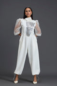 Load image into Gallery viewer, White Organza Puff Sleeve Metallic Panel Jumpsuit