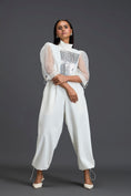 Load image into Gallery viewer, White Organza Puff Sleeve Metallic Panel Jumpsuit
