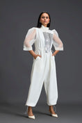 Load image into Gallery viewer, White Organza Puff Sleeve Metallic Panel Jumpsuit