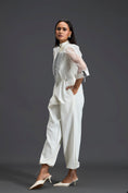 Load image into Gallery viewer, White Organza Puff Sleeve Metallic Panel Jumpsuit