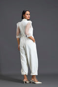 Load image into Gallery viewer, White Organza Puff Sleeve Metallic Panel Jumpsuit