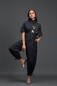 Load image into Gallery viewer, Black Metallic Floral Drawstring Jumpsuit