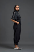 Load image into Gallery viewer, Black Metallic Floral Drawstring Jumpsuit