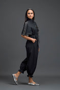 Load image into Gallery viewer, Black Metallic Floral Drawstring Jumpsuit