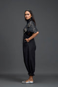 Load image into Gallery viewer, Black Metallic Floral Drawstring Jumpsuit