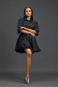Load image into Gallery viewer, Black Metallic Floral Puff Sleeve Bubble Dress