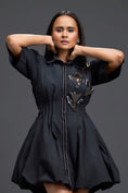 Load image into Gallery viewer, Black Metallic Floral Puff Sleeve Bubble Dress