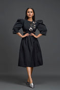Load image into Gallery viewer, Black Open-Back Floral Puff Sleeve Midi Dress