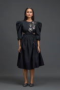 Load image into Gallery viewer, Black Open-Back Floral Puff Sleeve Midi Dress