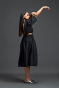 Load image into Gallery viewer, Black Open-Back Floral Puff Sleeve Midi Dress