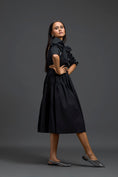 Load image into Gallery viewer, Black Open-Back Floral Puff Sleeve Midi Dress