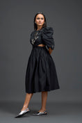 Load image into Gallery viewer, Black Open-Back Floral Puff Sleeve Midi Dress