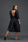 Load image into Gallery viewer, Black Open-Back Floral Puff Sleeve Midi Dress