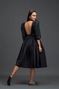 Load image into Gallery viewer, Black Open-Back Floral Puff Sleeve Midi Dress