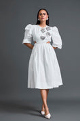 Load image into Gallery viewer, White Open-Back Floral Puff Sleeve Midi Dress