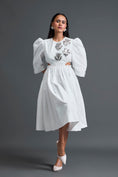 Load image into Gallery viewer, White Open-Back Floral Puff Sleeve Midi Dress