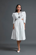 Load image into Gallery viewer, White Open-Back Floral Puff Sleeve Midi Dress