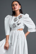Load image into Gallery viewer, White Open-Back Floral Puff Sleeve Midi Dress