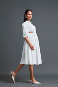 Load image into Gallery viewer, White Open-Back Floral Puff Sleeve Midi Dress