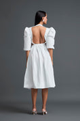 Load image into Gallery viewer, White Open-Back Floral Puff Sleeve Midi Dress