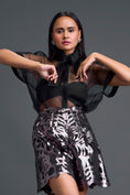 Load image into Gallery viewer, Black Twisted Bustier Organza Shirt and Gunmetal Shorts Set