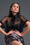 Load image into Gallery viewer, Black Twisted Bustier Organza Shirt and Gunmetal Shorts Set