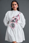 Load image into Gallery viewer, White Gathered Dress with Metallic Patch