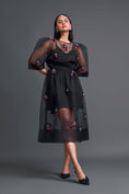 Load image into Gallery viewer, Black Layered Organza 3D Floral Dress with Pink Accents