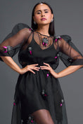 Load image into Gallery viewer, Black Layered Organza 3D Floral Dress with Pink Accents