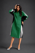 Load image into Gallery viewer, Statement Colourblock Midi Dress In Parrot Green With Contrast Metallic Silver Side Panels And Balloon Sleeves