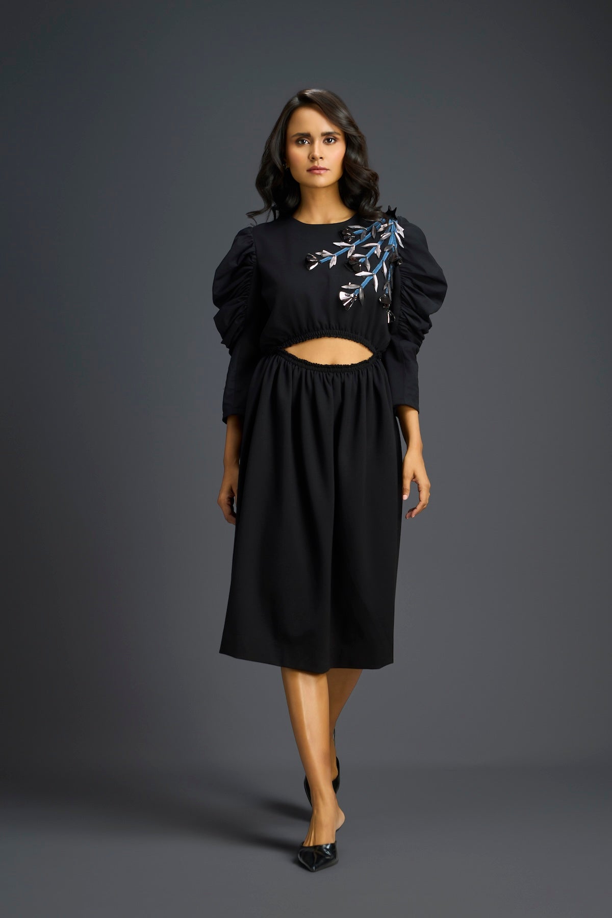midriff cut out dress Lightweight Black Tight Midi Dress: Hot Cutout Sexy Halter Style Black / M