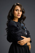 Load image into Gallery viewer, Black Midriff Cut-Out Floral Embroidered Dress