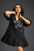 Load image into Gallery viewer, Black Ruffle Hem Floral Embroidered Dress