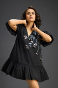 Load image into Gallery viewer, Black Ruffle Hem Floral Embroidered Dress