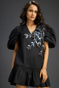 Load image into Gallery viewer, Black Ruffle Hem Floral Embroidered Dress