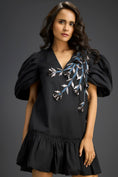 Load image into Gallery viewer, Black Ruffle Hem Floral Embroidered Dress