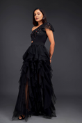 Load image into Gallery viewer, Black Hand Embroidered One Shoulder Ruffle Dress With Net Ruffles And Cutwork Detailing