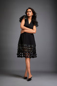 Load image into Gallery viewer, Dress With Sheer Sleeve Detailing And Mesh Geometric Appliqué Hemline